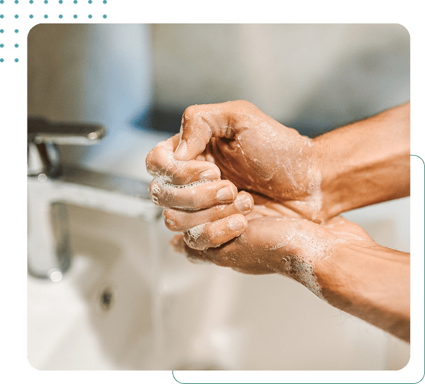 Hands washing with soap at sink.